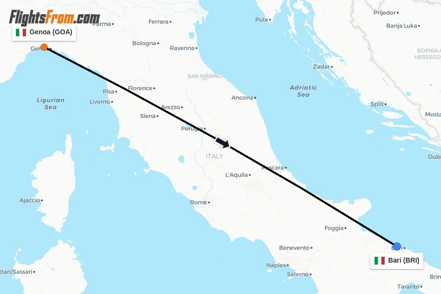 Flights from Genoa to Bari route map
