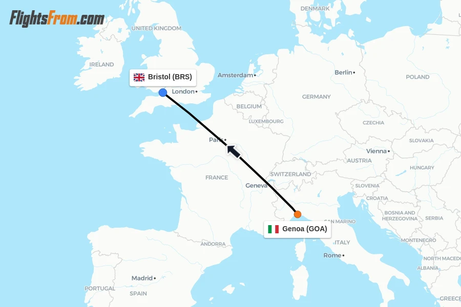 Flights from Genoa to Bristol route map
