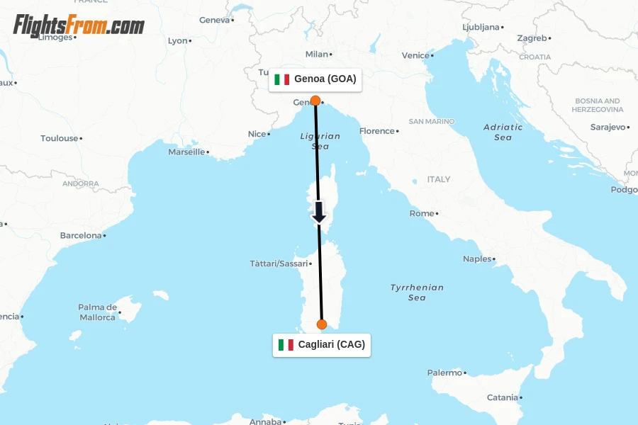 Flights from Genoa to Cagliari route map