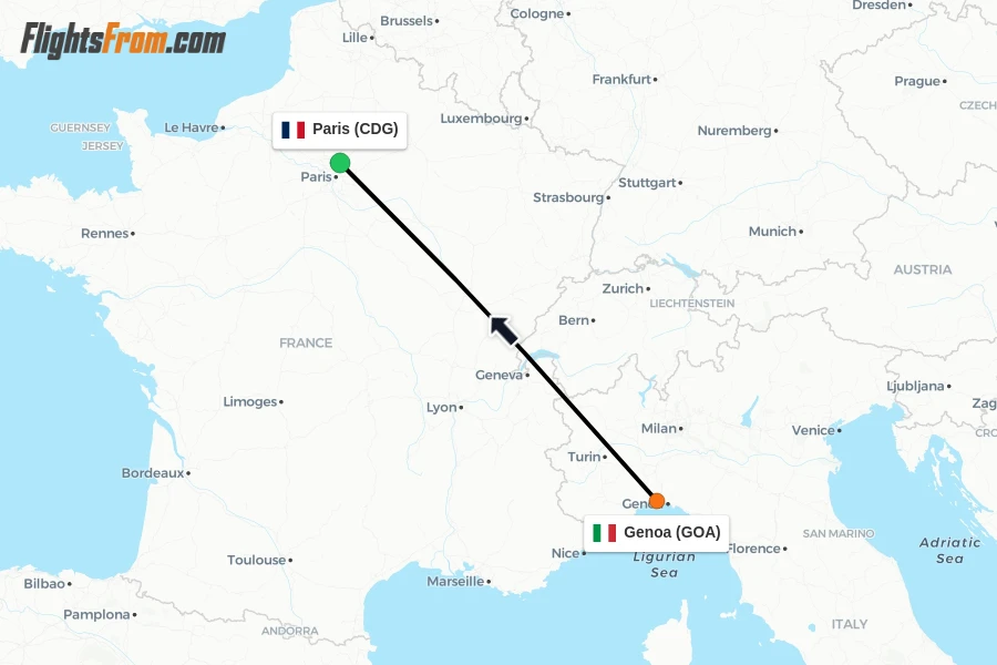 Flights from Genoa to Paris route map