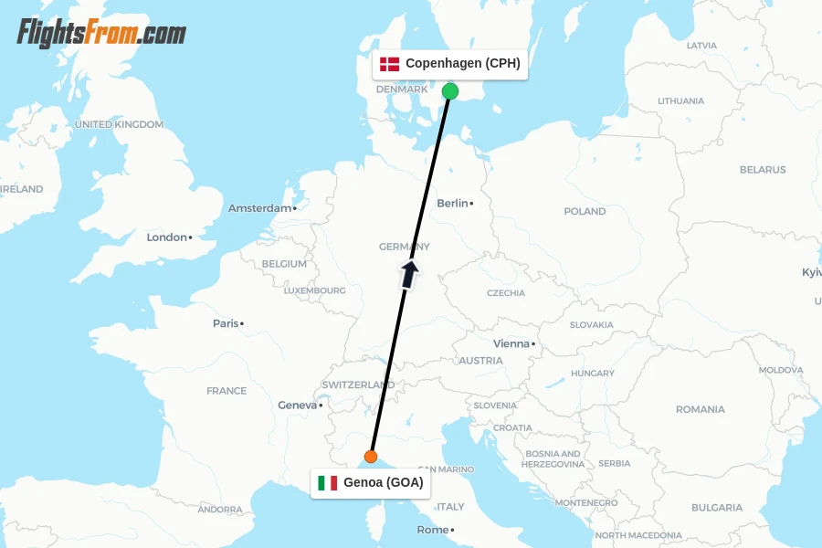 Flights from Genoa to Copenhagen route map