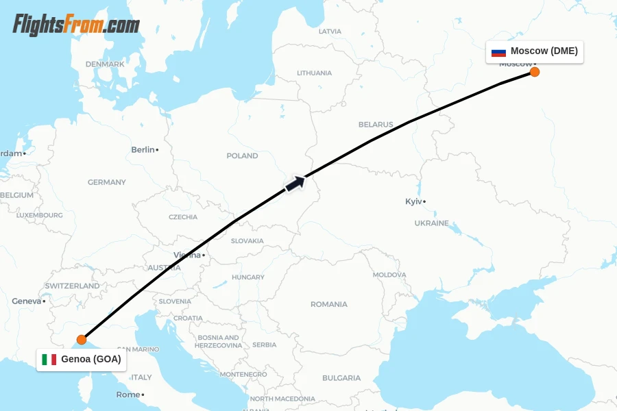 Flights from Genoa to Moscow route map