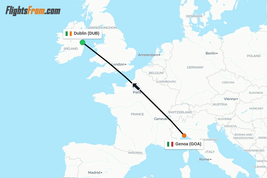 Flights from Genoa to Dublin route map