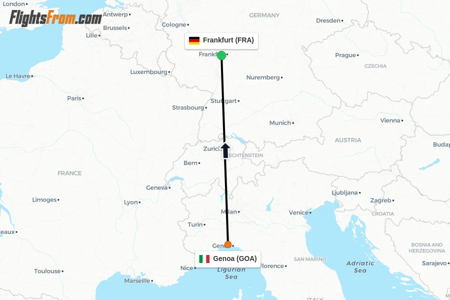 Flights from Genoa to Frankfurt route map