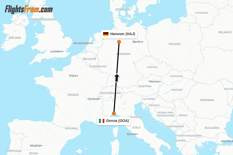 Flights from Genoa to Hanover route map