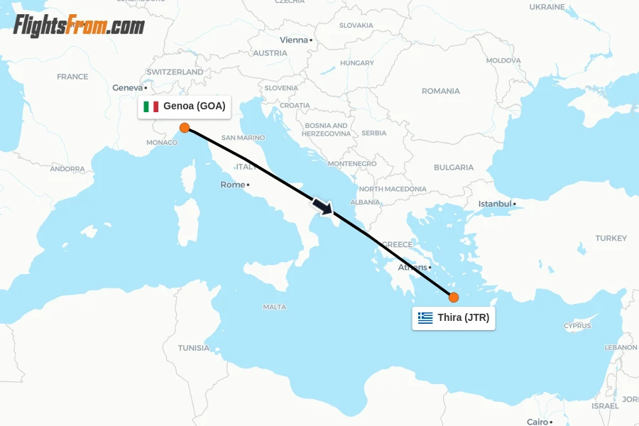 Flights from Genoa to Thira route map