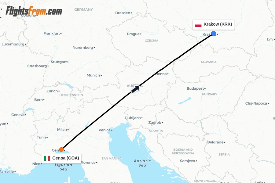 Flights from Genoa to Krakow route map