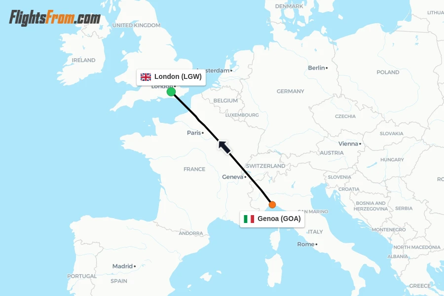 Flights from Genoa to London route map