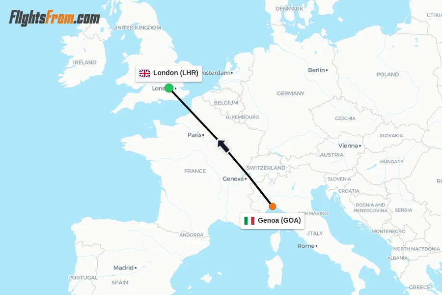 Flights from Genoa to London route map