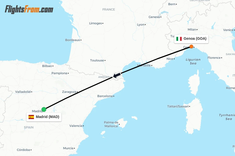 Flights from Genoa to Madrid route map