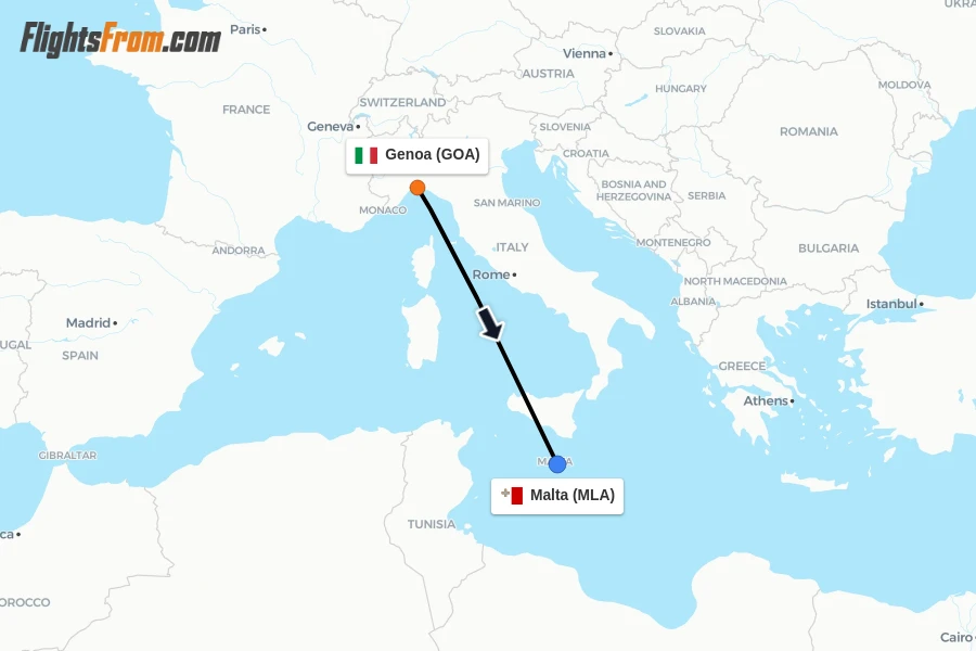 Flights from Genoa to Malta route map
