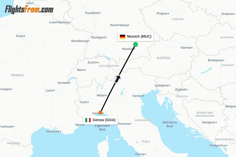 Flights from Genoa to Munich route map