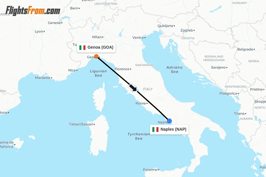 Flights from Genoa to Naples route map