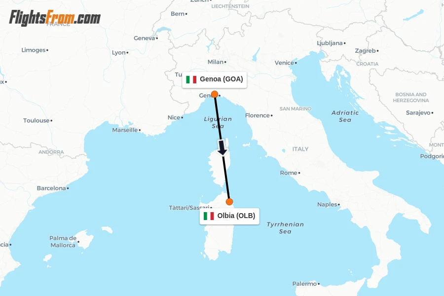 Flights from Genoa to Olbia route map