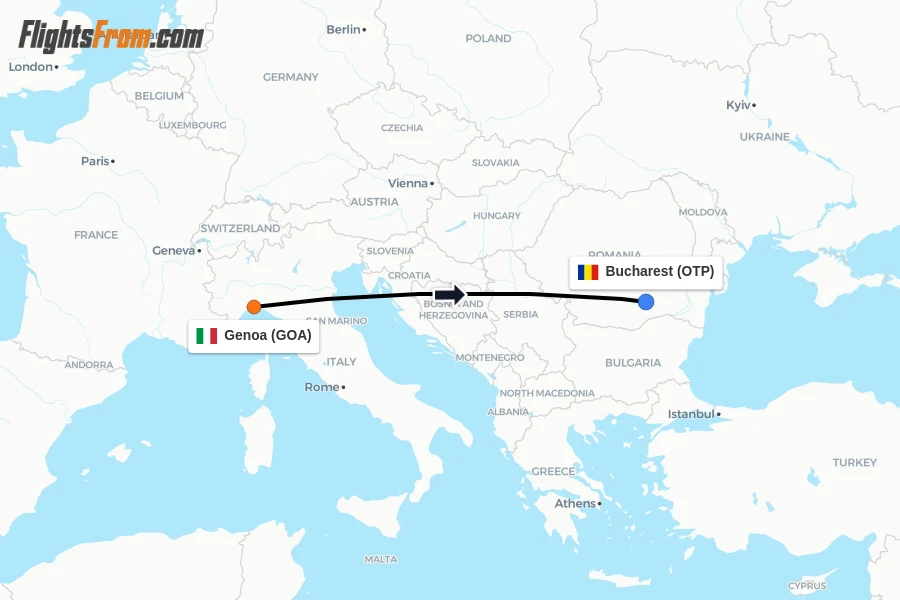 Flights from Genoa to Bucharest route map