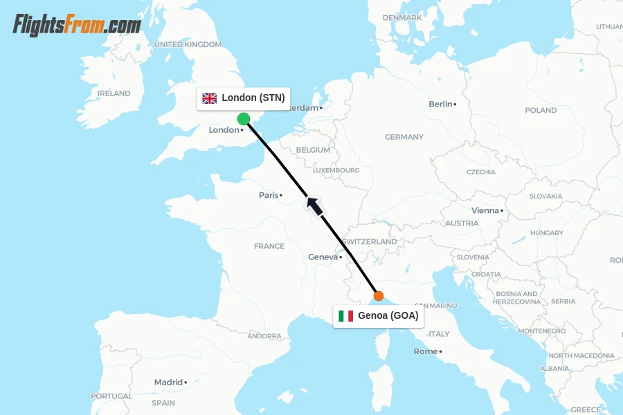 Flights from Genoa to London route map