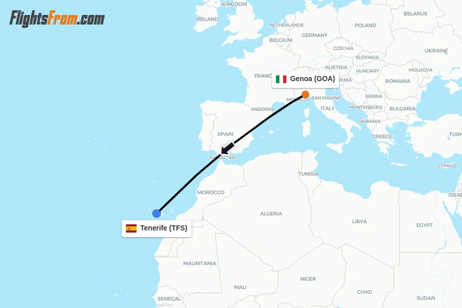 Flights from Genoa to Tenerife route map