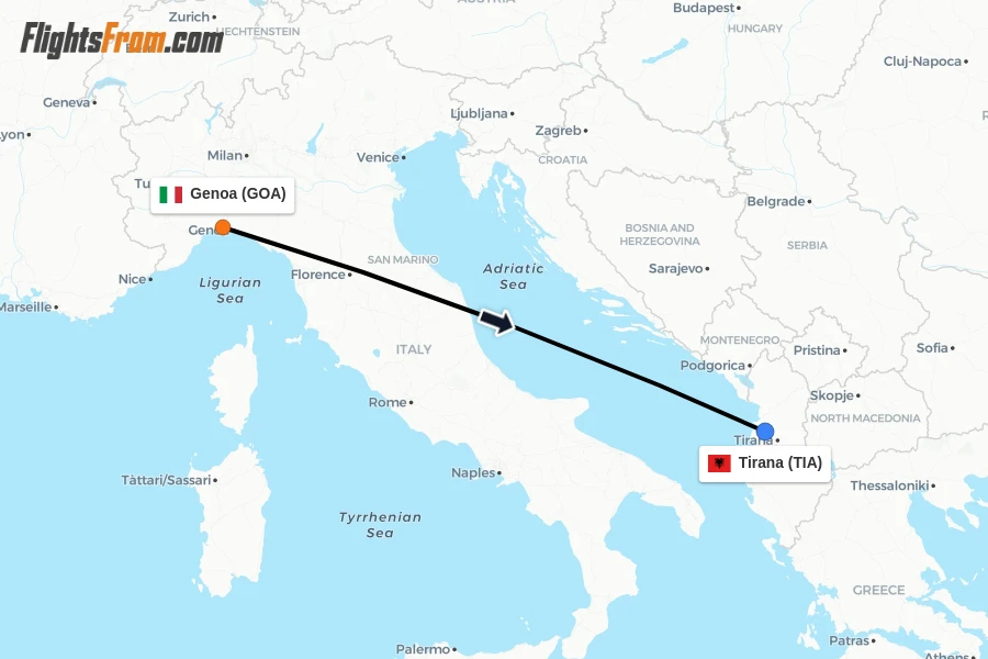 Flights from Genoa to Tirana route map