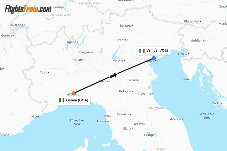 Flights from Genoa to Venice route map