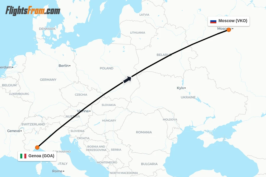 Flights from Genoa to Moscow route map
