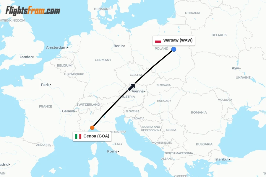 Flights from Genoa to Warsaw route map