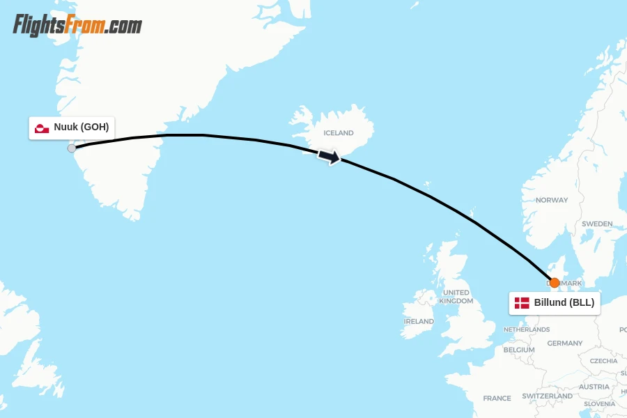 Flights from Nuuk to Billund route map