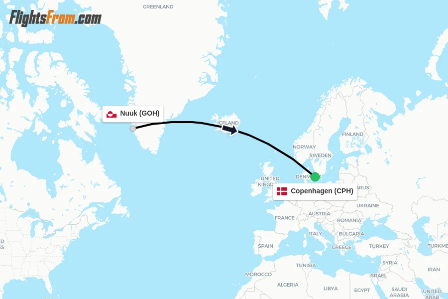 Flights from Nuuk to Copenhagen route map