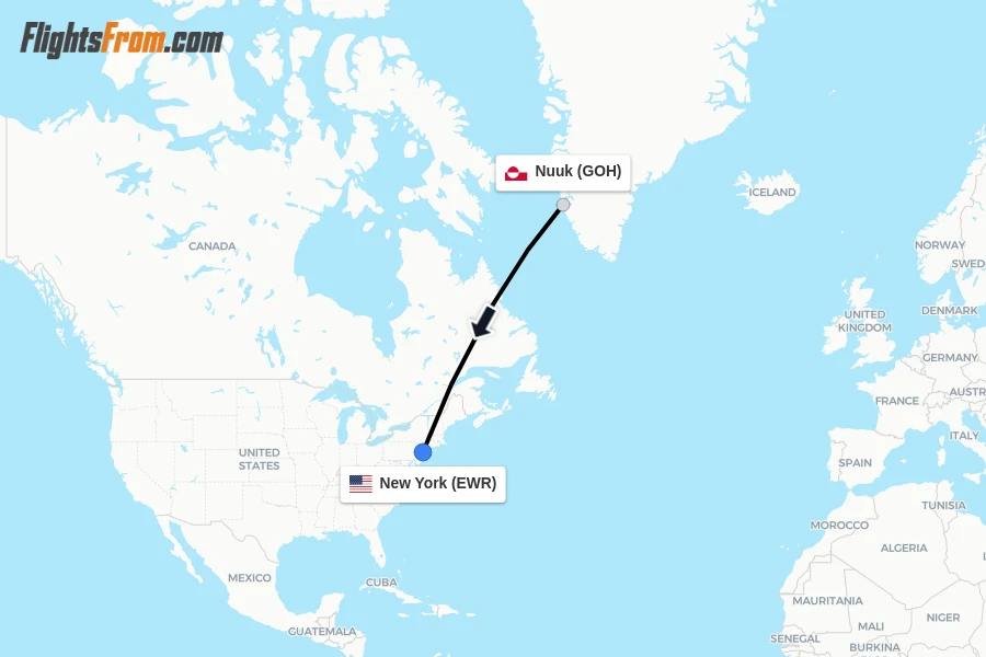 Flights from Nuuk to New York route map