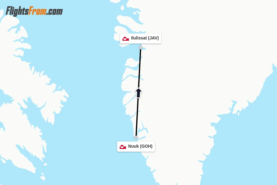 Flights from Nuuk to Ilulissat route map