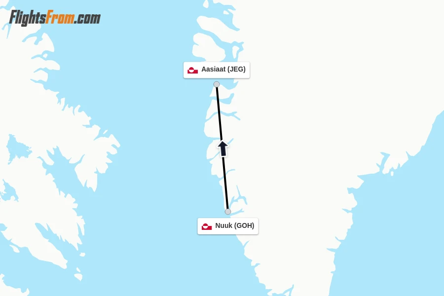 Flights from Nuuk to Aasiaat route map
