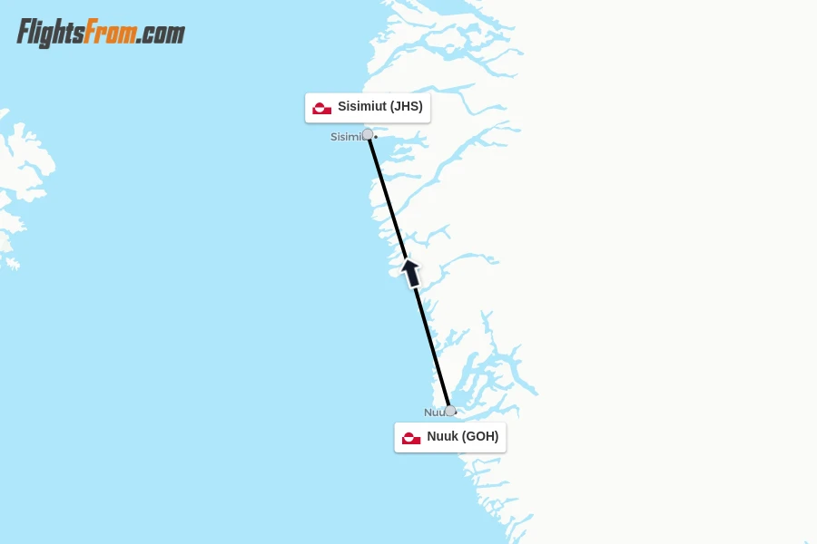 Flights from Nuuk to Sisimiut route map