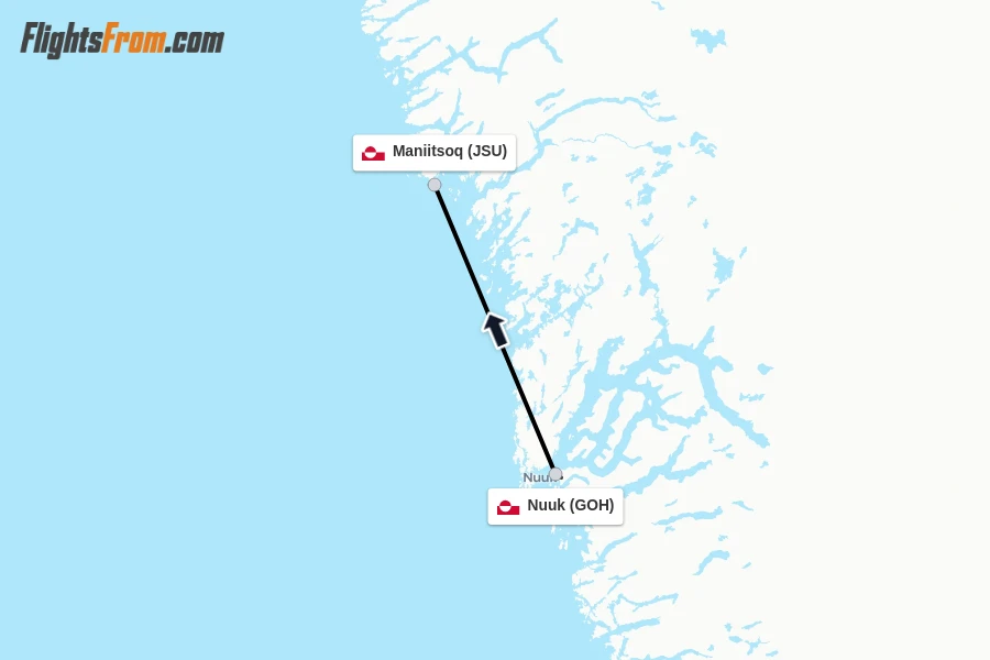 Flights from Nuuk to Maniitsoq route map