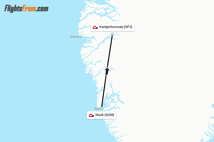 Flights from Nuuk to Kangerlussuaq route map