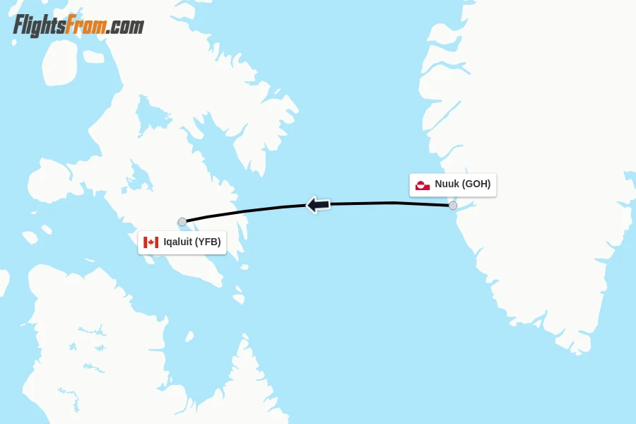 Flights from Nuuk to Iqaluit route map
