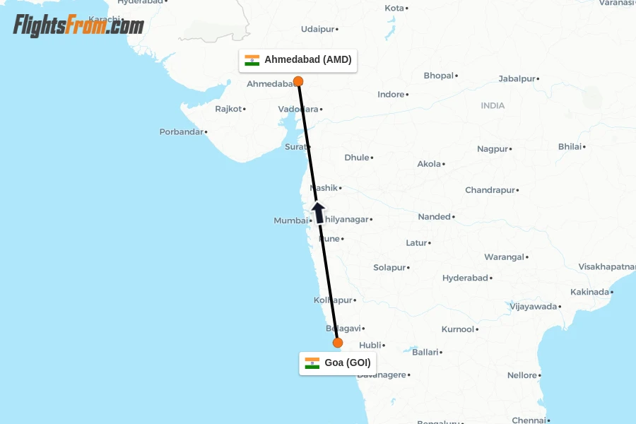 Flights from Goa to Ahmedabad route map
