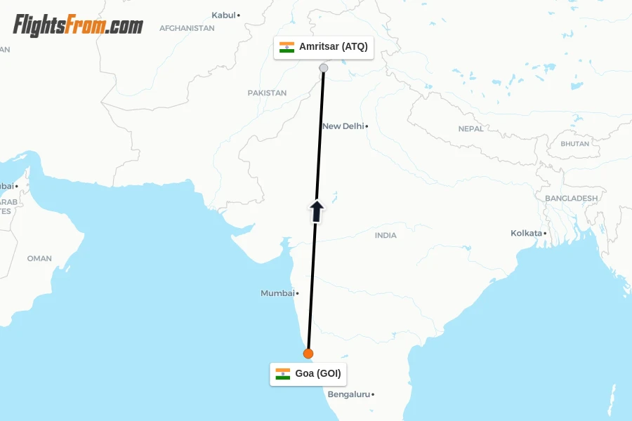 Flights from Goa to Amritsar route map