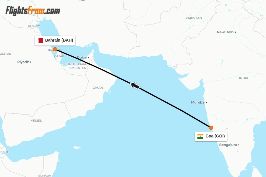 Flights from Goa to Bahrain route map