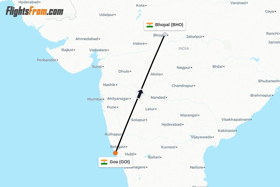 Flights from Goa to Bhopal route map