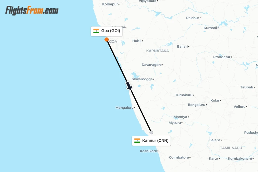 Flights from Goa to Kannur route map