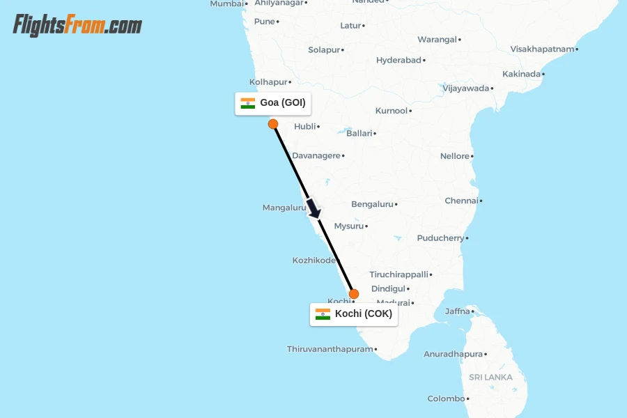Flights from Goa to Kochi route map