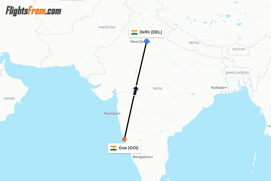 Flights from Goa to Delhi route map