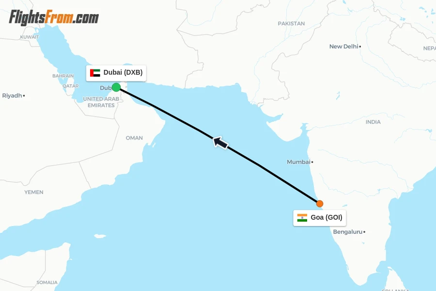 Flights from Goa to Dubai route map