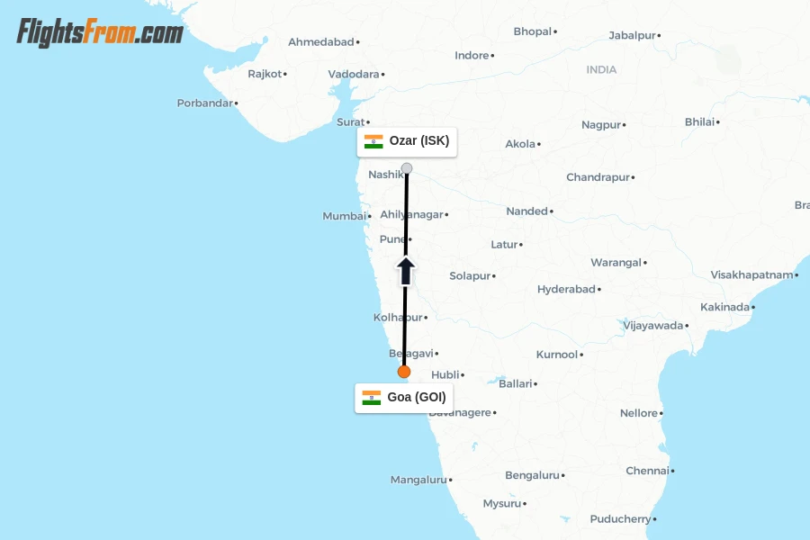 Flights from Goa to Ozar route map