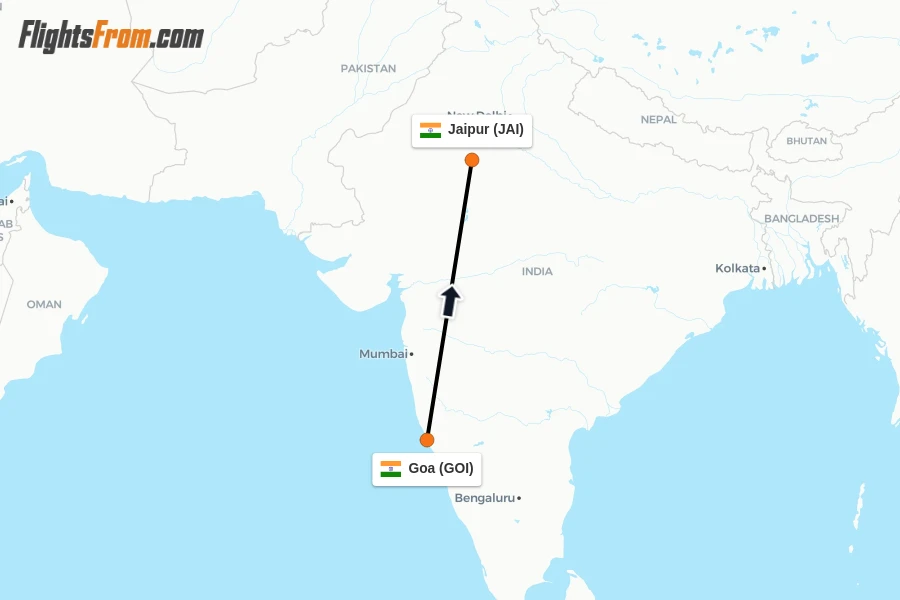 Flights from Goa to Jaipur route map