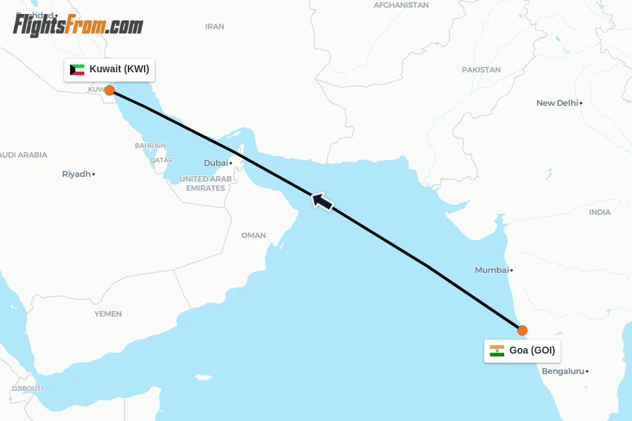 Flights from Goa to Kuwait route map
