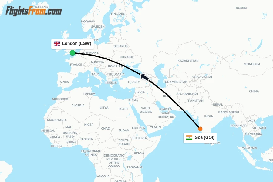 Flights from Goa to London route map