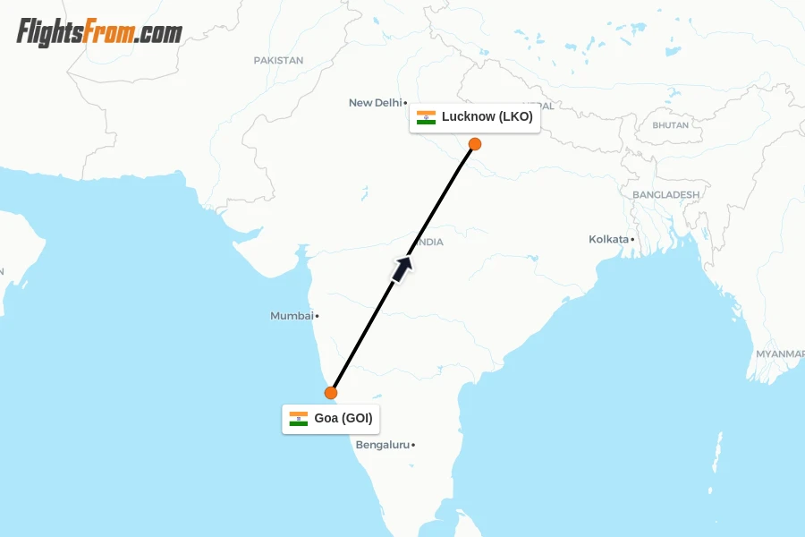 Flights from Goa to Lucknow route map