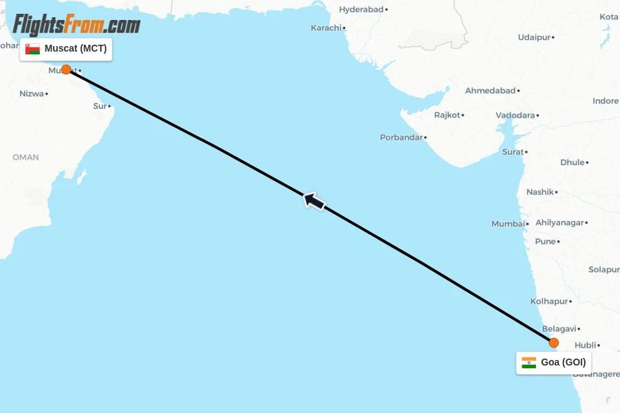 Flights from Goa to Muscat route map