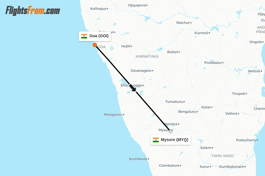 Flights from Goa to Mysore route map