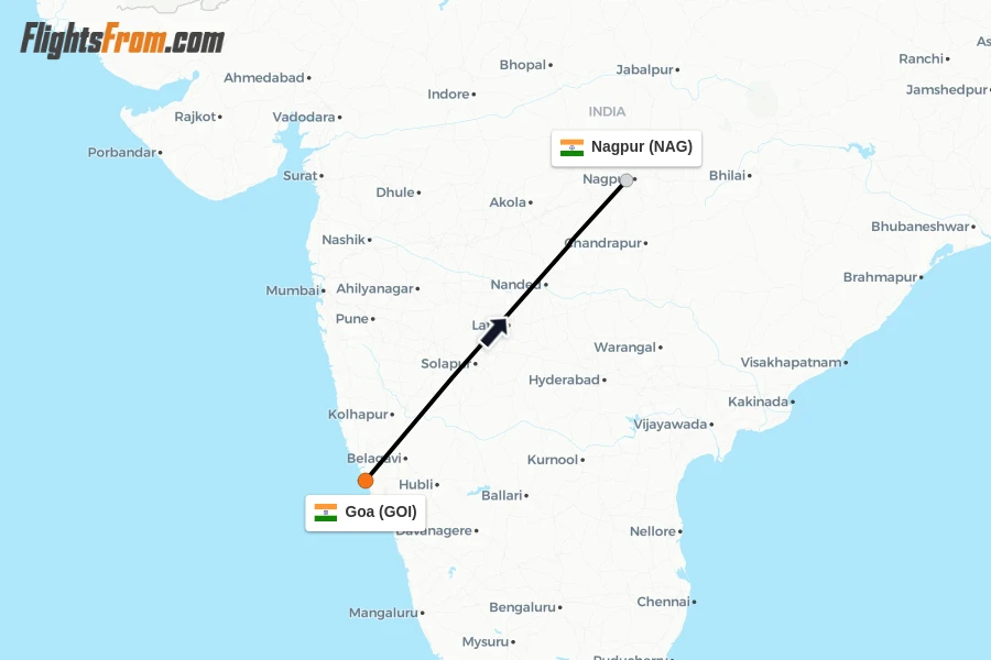 Flights from Goa to Nagpur route map
